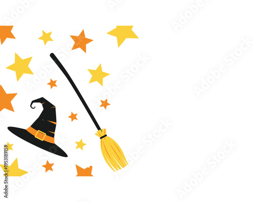 Witch hat and broom with stars, festive spooky Halloween elements