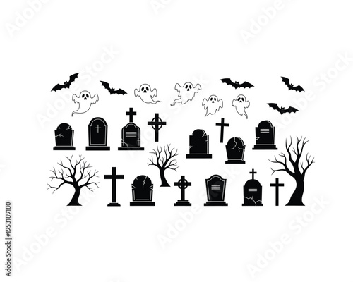 Cemetery silhouette set with tombstones ghosts bats trees
