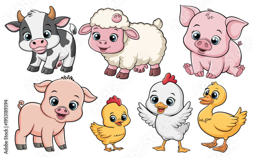 A cheerful lineup of cartoon farm animals with vibrant colors and friendly expressions Vector