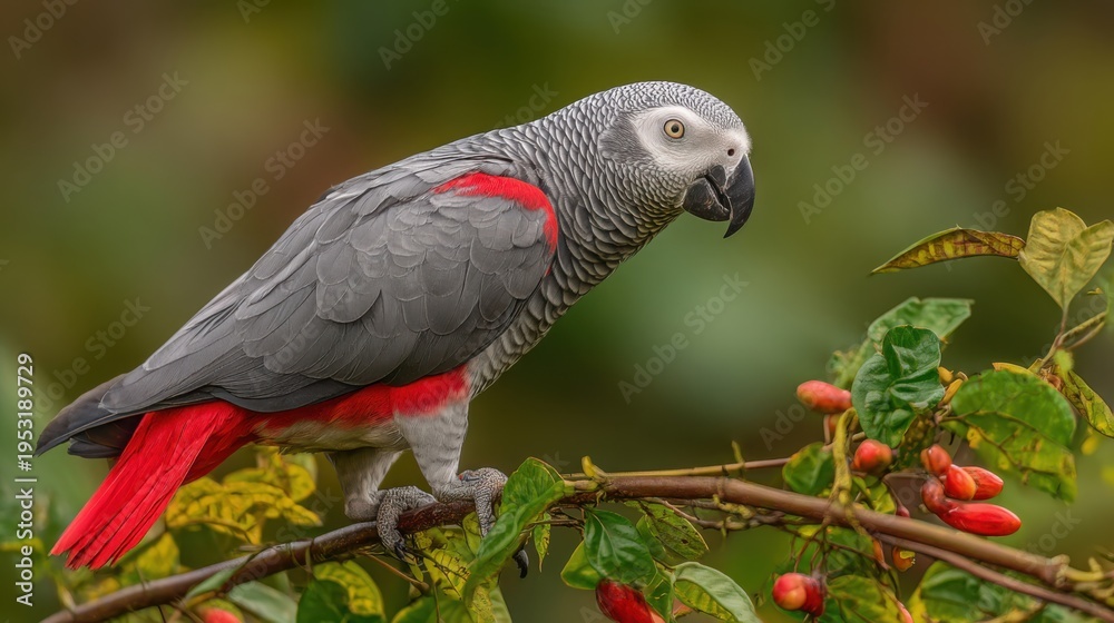 Obraz premium An African Grey Parrot with striking red markings perched on a branch with berries