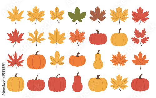 Colorful autumn leaves, pumpkins, and gourds illustration collection Vector