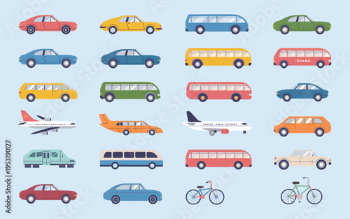 Colorful assortment of various vehicles and modes of transport in a playful design Vector