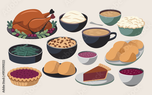 Assorted traditional dishes and desserts for a festive holiday meal gathering. Vector