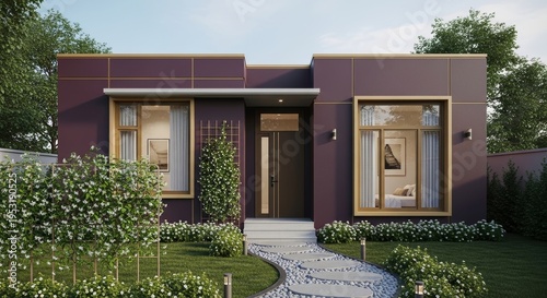 Modern Maroon House With Gold Trim Windows and Lush Green Landscaping Under Daylight