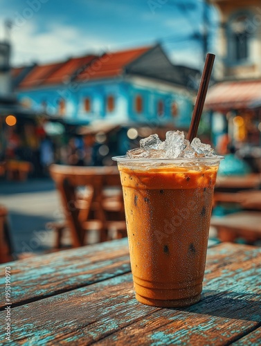 Refreshing Thai iced coffee, served in a takeaway cup with ice and a straw, sits on a weathered table against a colorful background in Thailand, summertime.