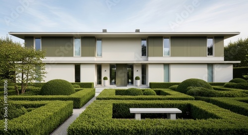 Modern Residence Exterior With Geometric Landscaping And Manicured Hedges