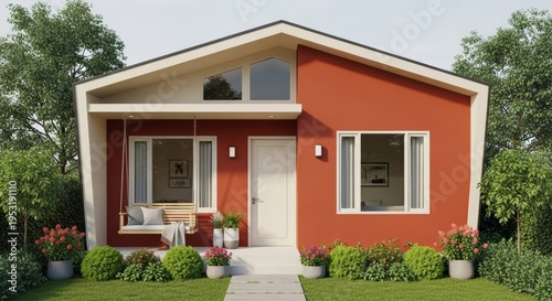 Modern Red House With White Trim Gable Roof And Green Landscaping