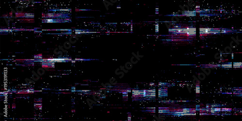 Glitch background with digital distortion and noise. Abstract screen error texture with horizontal stripes. Cyberpunk graphic design element for technology wallpaper and data stream.