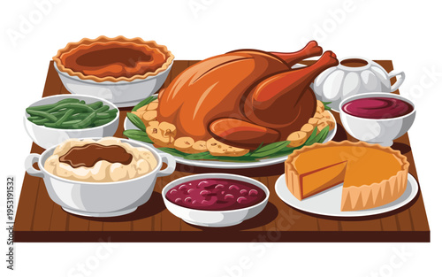 A festive thanksgiving spread showcasing traditional holiday dishes. Vector
