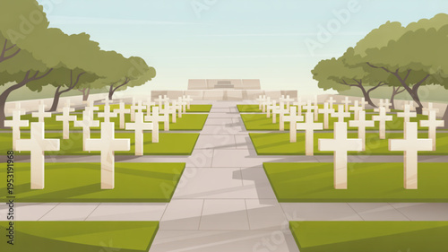 Serene military cemetery with white crosses green grass and trees under a clear blue sky memorial background