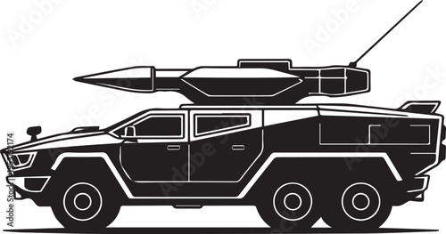 Armored reconnaissance vehicle with mounted missile launcher black vector silhouette.
