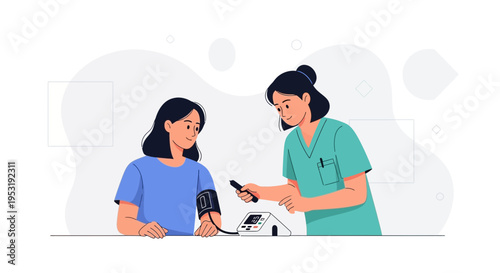 Nurse checks patient's blood pressure with digital monitor, healthcare concept