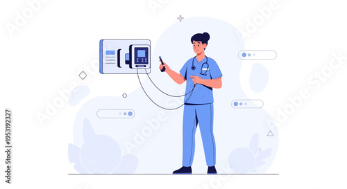 Nurse using medical equipment, modern flat illustration, healthcare concept
