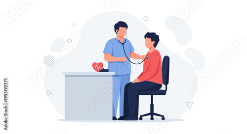 Doctor examining patient with stethoscope, heart symbol and EKG on desk