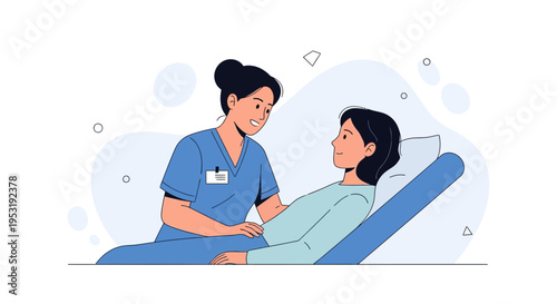 Nurse caring for patient in hospital bed, illustration