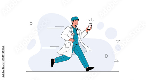 Doctor running with phone, medical emergency, fast healthcare, urgent care, telemedicine concept