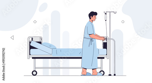 Patient recovering in hospital bed with IV drip and walker