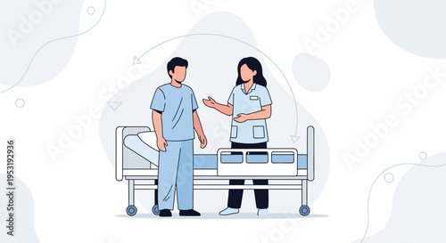 Nurse Talking to Patient by Hospital Bed, Medical Consultation, Healthcare Illustration