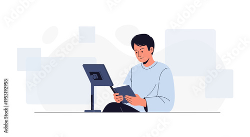 Young man reading a book next to a digital tablet on a stand, minimalist illustration