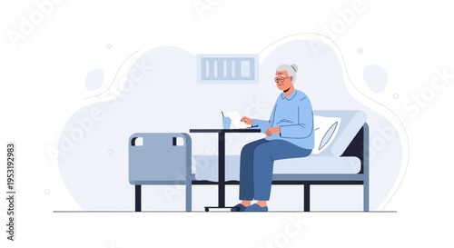 Elderly Woman Sitting on Hospital Bed Reading Document