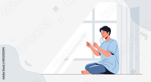 Young man sitting by window, holding phone and mask, thoughtful mood