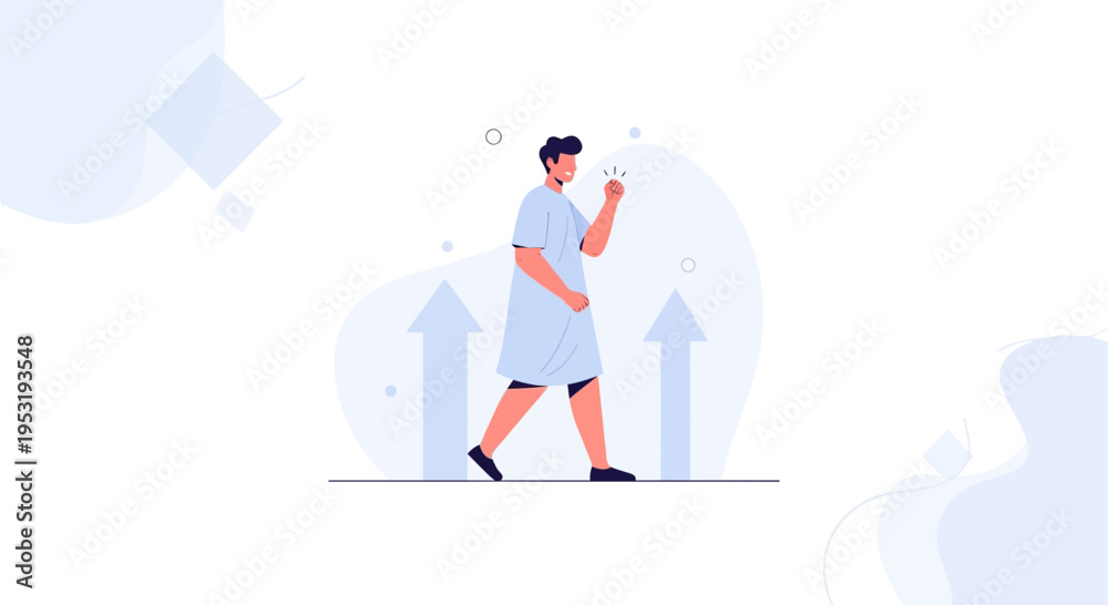 Obraz premium Man walking forward with upward arrows, symbolizing progress and success