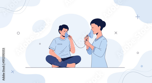 People using nebulizer for respiratory treatment, healthcare concept illustration