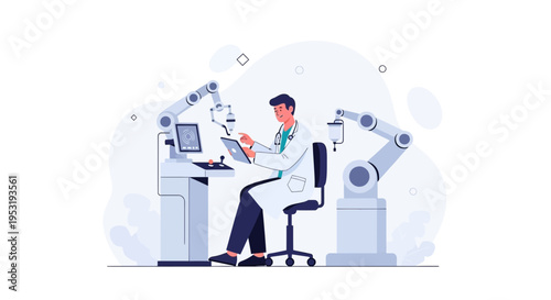 Doctor controlling robotic arms with tablet for advanced surgery or research