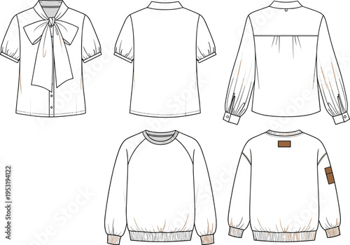 Women's blouse and sweatshirt technical fashion sketches, flat vector illustration of apparel design templates.