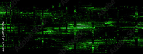 Green digital glitch effect on a black background. Abstract data corruption pattern with horizontal electronic interference. Futuristic signal transmission error for design background.