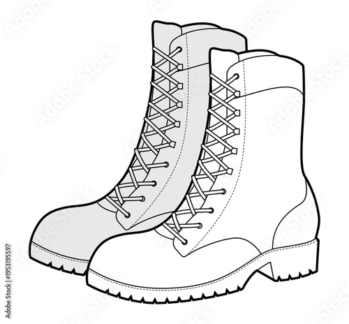 Lace-up lug sole boot women sketch pair. Chunky tread with front lacing for hiking, trekking, outdoor adventure. Technical fashion illustration CAD mockup detailed vector men unisex isolated style.