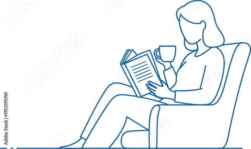woman reading book drinking coffee line art, cozy lifestyle concept, female relaxing chair, leisure activity illustration, minimal outline character, flat vector illustration