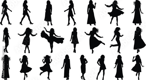 Women silhouettes dancing collection, elegant female motion poses, fashion model figures set, stylish movement girls, modern lifestyle characters, vector illustration
