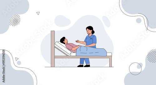 Nurse caring for patient in hospital bed, healthcare concept illustration