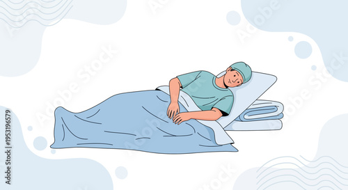 Man in Hospital Bed Wearing Surgical Cap, Recovering After Surgery