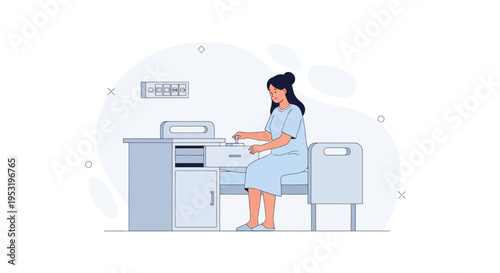 Patient in hospital bed using bedside table, medical monitor on wall