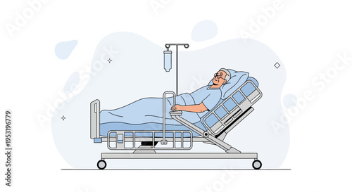 Elderly Patient Lying in Hospital Bed with IV Drip, Medical Care Concept