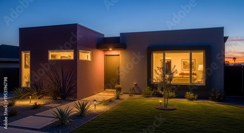 Modern Desert Home Exterior at Twilight Warm Interior Lights and Landscaped Yard