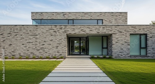 Modern Gray Brick Two Story House Entrance With Green Grass And Stone Pathway