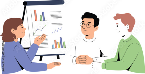 Group of office colleagues analyzing reports and presenting business statistics charts and graphs clean line art vector illustration collection