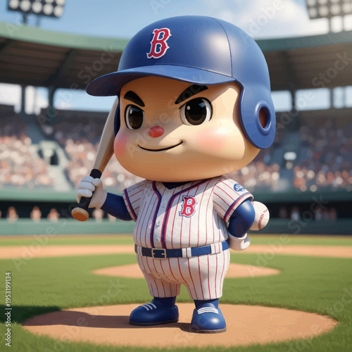 Cute cartoon baseball player mascot holding a bat on a baseball field.