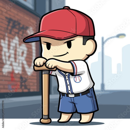 Chibi baseball player with bat standing confidently.