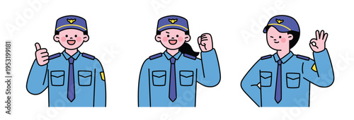 The police officers are giving a thumbs up, cheering, and making the OK sign. Cute character with a round face. Upper body illustration.