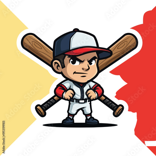 Chibi Baseball Player with Crossed Bats Ready to Play.