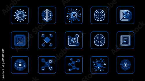 Collection of Artificial Intelligence and Machine Learning Icons Representing Neural Networks and Data Processing