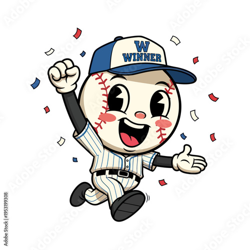 Happy Baseball Character Celebrating a Victory with Confetti.