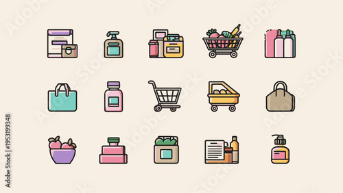 Modern flat style vector icon set featuring shopping carts, retail products, and e-commerce elements for online stores and apps
