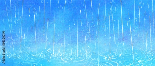 青い背景に雨が降っている水彩イラスト　梅雨イメージ