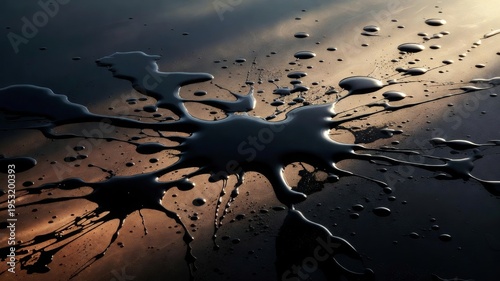 Dark liquid blobs forming an intricate, abstract pattern on a glossy surface, reflecting a warm, diffused light