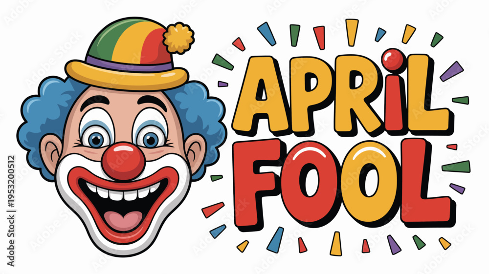Obraz premium Happy April Fool's Day vector illustration with a smiling clown face wearing a colorful striped hat and bold text, perfect for holiday greetings and prank-themed designs.